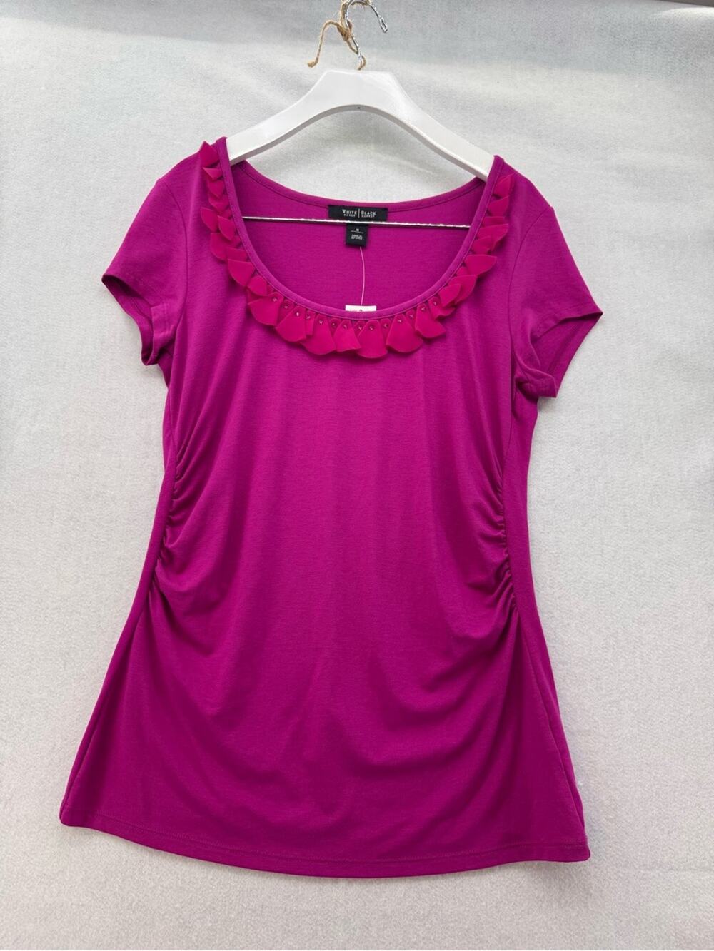 NWT White House Black Market WHBM SS Shirt Ruffled Jeweled Collar Magenta Small